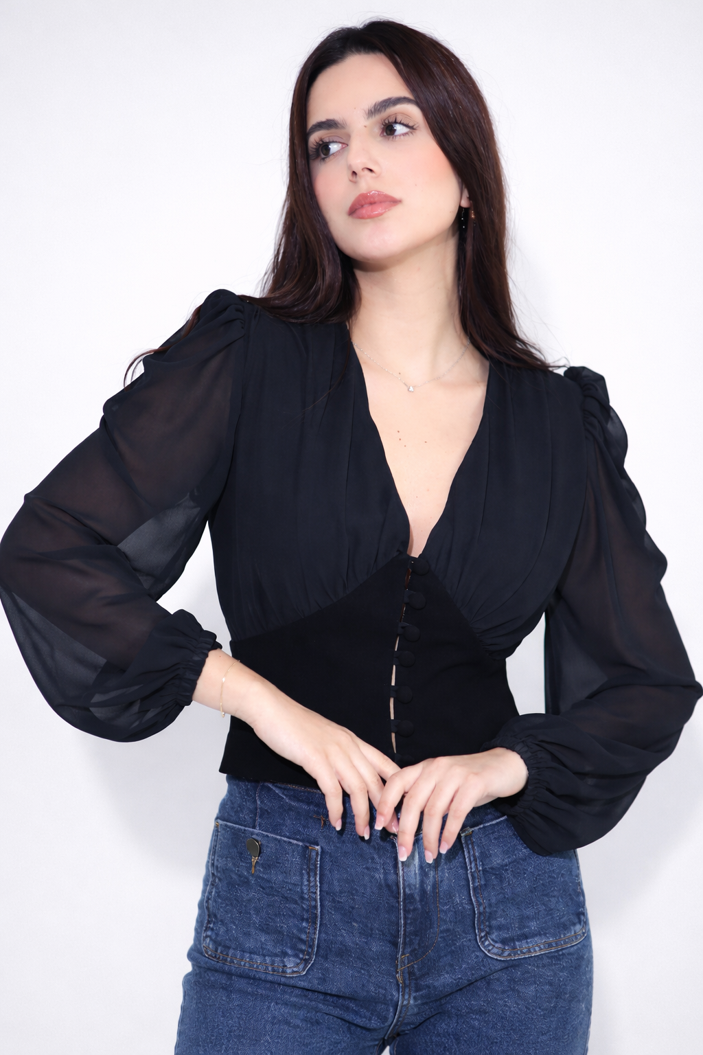 Black Sheer Sleeve Fitted Women’s Top